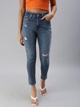 SHOWOFFFF - Women's Mildly Distressed Navy Blue Slim Fit Denim Jeans