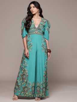 Ritu Kumar - Turquoise Yukta Three Fourth Sleeves Floral Print Jumpsuit