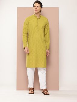 See Designs - Men Lime Green Embroidered Sequined Rayon Kurta with Pyjama (Set of 2)