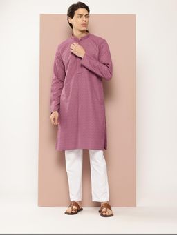 See Designs - Men Pink Embroidered Sequined Rayon Kurta with Pyjama (Set of 2)