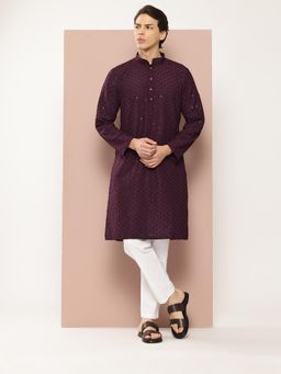 See Designs - Men Purple Embroidered Sequined Rayon Kurta with Pyjama (Set of 2)