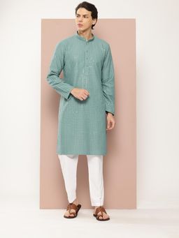 See Designs - Men Turquoise Embroidered Sequined Rayon Kurta with Pyjama (Set of 2)
