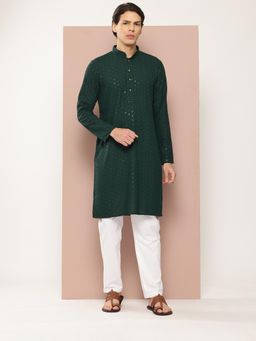 See Designs - Men Green Embroidered Sequined Rayon Kurta with Pyjama (Set of 2)