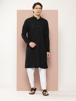 See Designs - Men Black Embroidered Sequined Rayon Kurta with Pyjama (Set of 2)