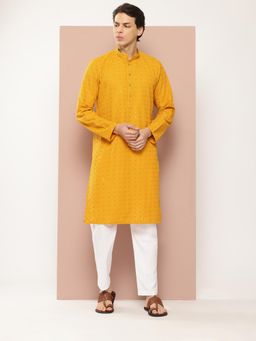 See Designs - Men Mustard Embroidered Sequined Rayon Kurta with Pyjama (Set of 2)
