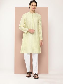 See Designs - Men Pista Green Embroidered Straight Kurta with Pyjama (Set of 2)