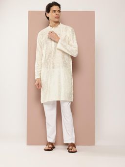 See Designs - Men Off White Embroidered Straight Kurta with Pyjama (Set of 2)