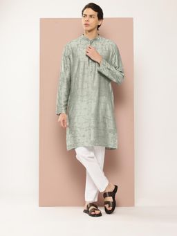 See Designs - Men Sea Green Embroidered Straight Kurta with Pyjama (Set of 2)