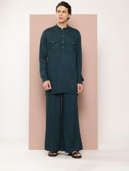 See Designs - Men Green Rayon Solid Pathani Kurta with Pyjama (Set of 2)