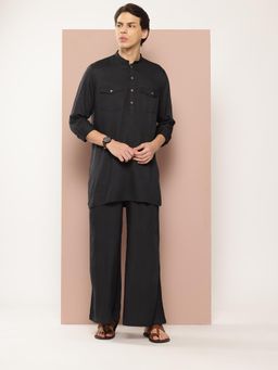See Designs - Men Black Rayon Solid Pathani Kurta with Pyjama (Set of 2)