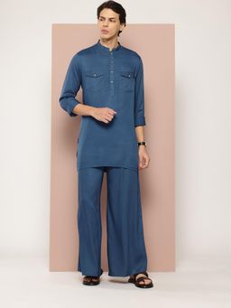See Designs - Men Teal Rayon Solid Pathani Kurta with Pyjama (Set of 2)