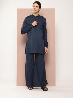 See Designs - Men Blue Rayon Solid Pathani Kurta with Pyjama (Set of 2)