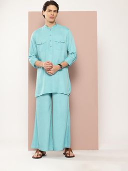 See Designs - Men Turquoise Rayon Solid Pathani Kurta with Pyjama (Set of 2)
