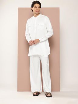 See Designs - Men White Rayon Solid Pathani Kurta with Pyjama (Set of 2)