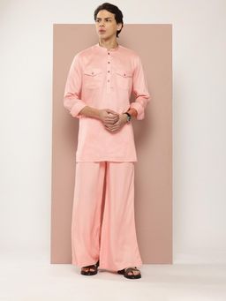 See Designs - Men Pink Rayon Solid Pathani Kurta with Pyjama (Set of 2)
