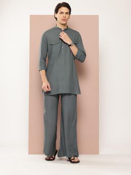 See Designs - Men Grey Rayon Solid Pathani Kurta with Pyjama (Set of 2)