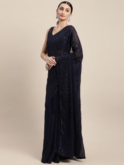 VAIRAGEE - Navy Blue Abstract Sequinned Saree with Unstitched Blouse