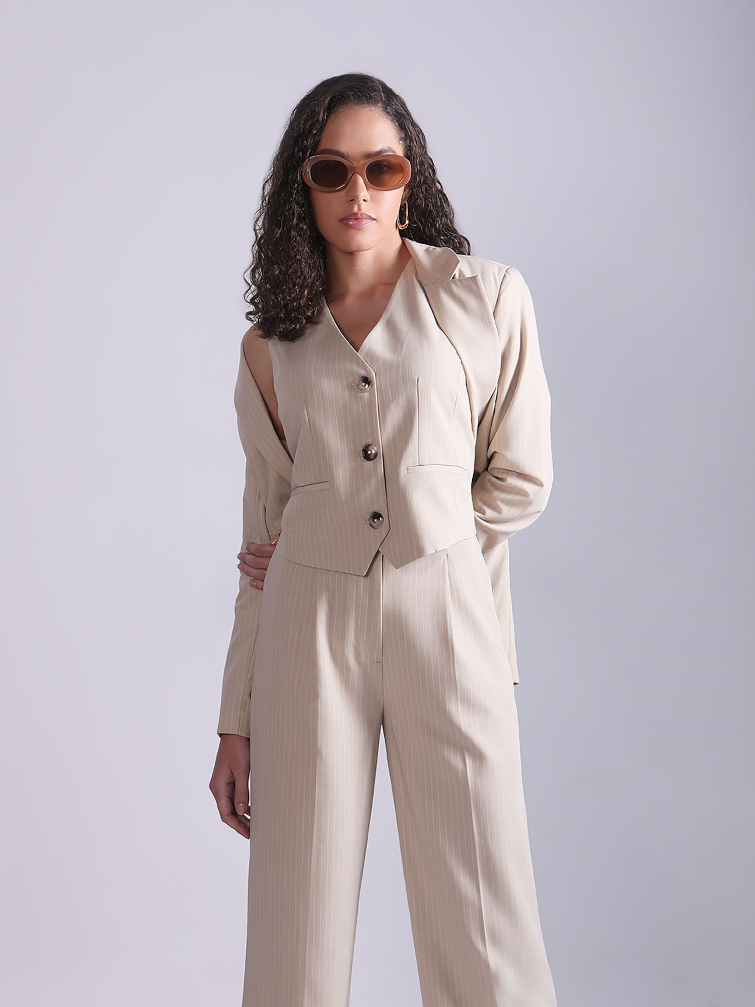 vero moda Beige Striped Co-Ord Waist Coat-picture-18