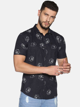 SHOWOFF - Cotton Navy Blue Floral Printed Slim Fit Shirt