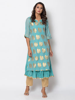 Biba - Turquoise Printed Flared Kurta With Inner (Set of 2)