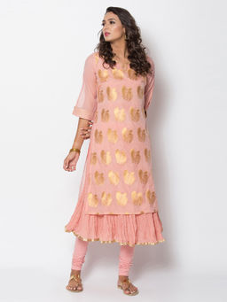 Biba - Peach Printed Flared Kurta With Inner (Set of 2)