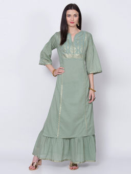 Biba - Green Solid Kurta With Flared Inner (Set of 2)