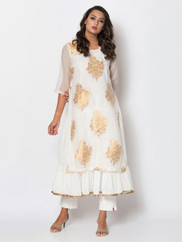 Biba - White Printed Flared Kurta With Inner (Set of 2)