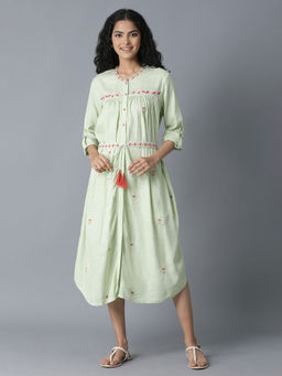 W - Pista Green Gathered Shirt Dress