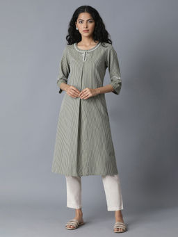 W - Green Striped A-line Kurta