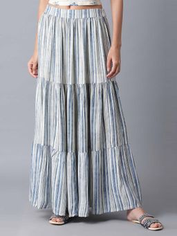 W - Ecru and Blue Stripe Print Tiered Skirt