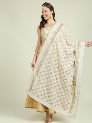 DUPATTA BAZAAR Dupatta Donna In Misto Cotone Seta - Beige Con Bordi Oro E Nappe - 233x86 Cm - 2