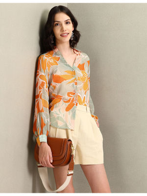 Buttoned Polo Collar Shirt with Pearl Appliqué