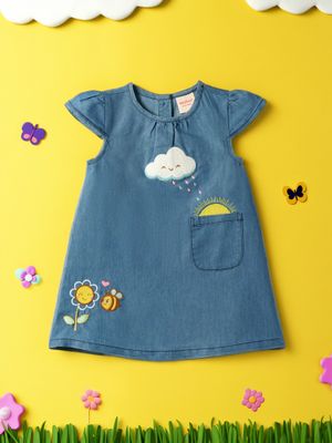 Buy Nautinati Girls Blue Applique Denim A-Line Knee Length Dress (6-12 ...