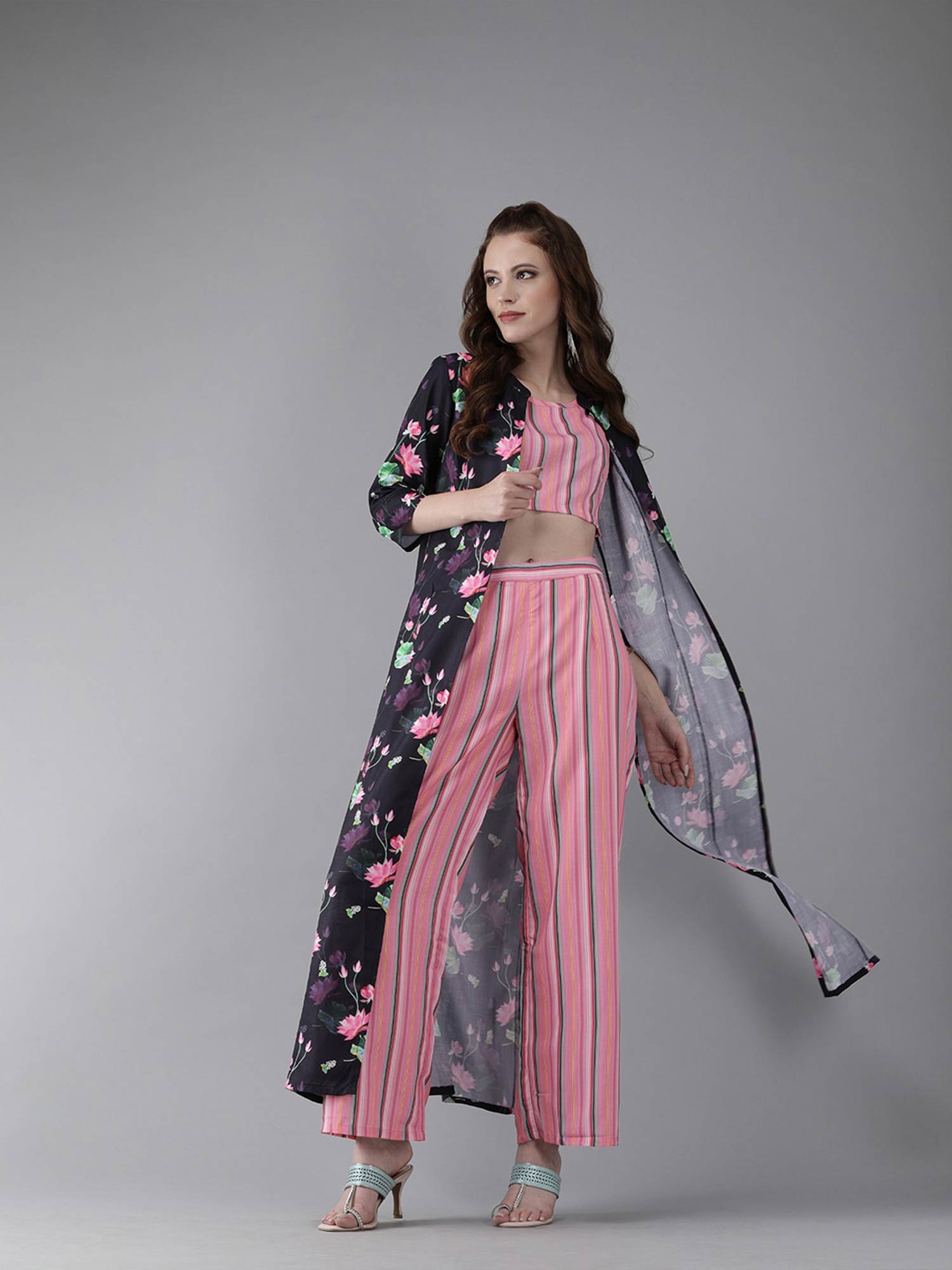 AKS Pink Striped Crop Top Trouser Set 