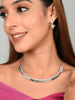 Shoshaa - Silver-Plated Multicolor White CZ Studded Stones Jewellery Set