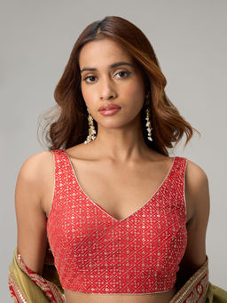 Gajra Gang - Brigade Bride Red Art Silk Sequin Embellished Sleeveless Stitched Blouse