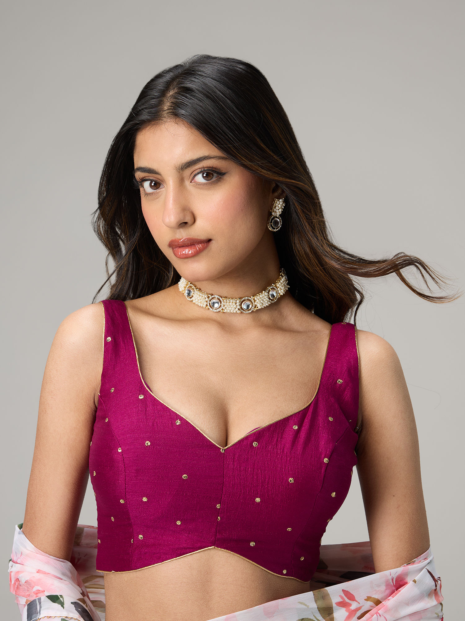 gajra gang Patiala Chowk Purple Poly Art Silk Sequin Butti Sleeveless Stitched Blouse-picture-18