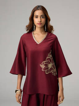 Gajra Gang - Brown Poly Silk Floral Embroidered Tunic Moroccan View