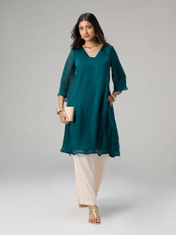 Gajra Gang - Teal Tissue Embellished Bell Sleeves Kurta Reshami Sandook