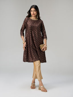 Gajra Gang - Timeless Lane Brown Gadhwal Foil Printed Embellished Neck Kurta
