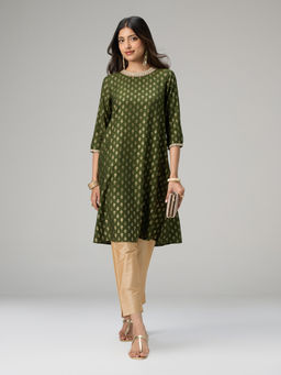 Gajra Gang - Timeless Lane Green Gadhwal Foil Printed Embellished Neck Kurta