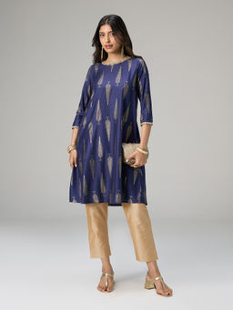 Gajra Gang - Timeless Lane Navy Blue Gadhwal Foil Printed Embellished Neck Kurta