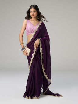 Gajra Gang - Reshami Sandook Purple Tissue Scallop Embellished Saree
