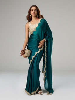 Gajra Gang - Reshami Sandook Teal Tissue Scallop Embellished Saree