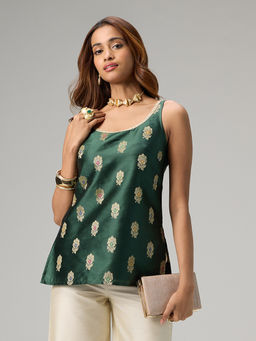 Gajra Gang - Timeless Lane Green Brocade Embellished Scoop Neck Tunic