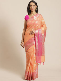 Indethnic - Banarasi Peach Woven Design Daily Wear Saree With Unstitched Blouse