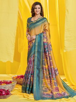 Akhilam - Womens Dola Silk Mustard Digital Print Designer Saree with Unstitched Blouse