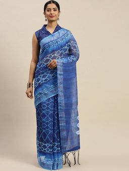 Akhilam - Blue Casual Linen Cotton Printed Saree With Unstitched Blouse
