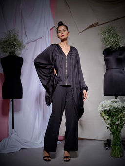 Echke - Black Zara Satin Zipper Top