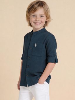 U.S. POLO ASSN. - Blue Solid/Plain Mandarin Neck Shirt